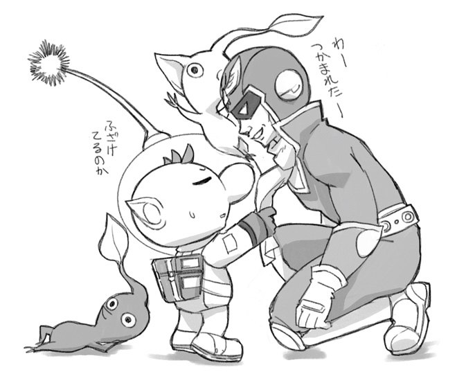 red pikmin, olimar, yellow pikmin, and captain falcon (super smash bros. and 2 more) drawn by naru_(wish_field)