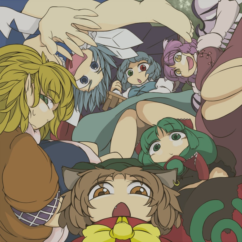 cirno, chen, tatara kogasa, mystia lorelei, mizuhashi parsee, and 1 more (touhou) drawn by toriga_naku