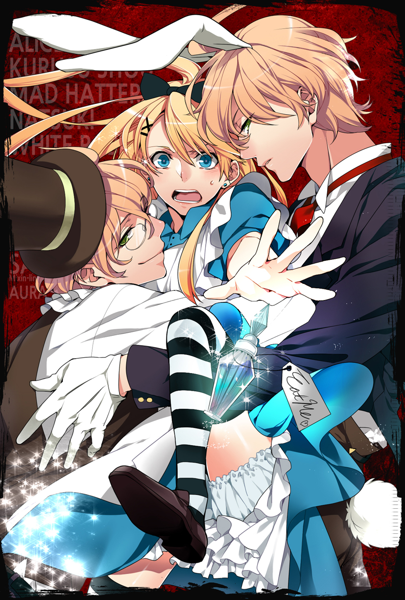 alice, white rabbit, mad hatter, kurusu shou, shinomiya natsuki, and 1 more (alice's adventures in wonderland and 1 more) drawn by aura_(ion)