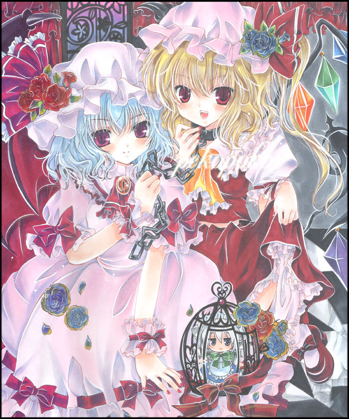 remilia scarlet, flandre scarlet, izayoi sakuya, and inu sakuya (touhou) drawn by pekopokox