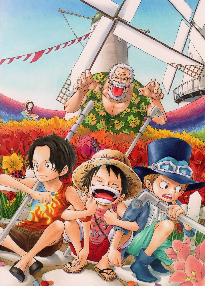 monkey d. luffy, portgas d. ace, sabo, monkey d. garp, and makino (one piece) drawn by kara_(acluf-0156)
