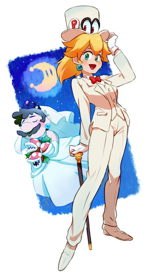 princess peach, mario, and cappy (mario and 1 more) drawn by motohashi_mari