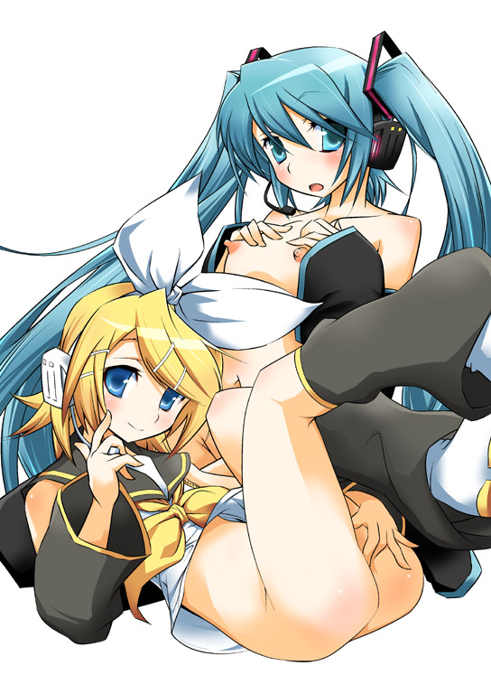 hatsune miku and kagamine rin (vocaloid) drawn by hermmy