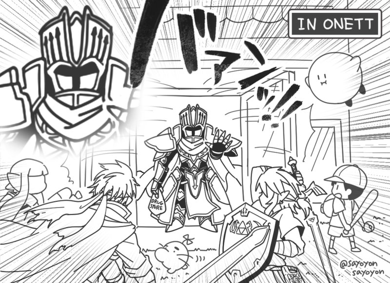 link, inkling player character, inkling girl, kirby, ike, and 3 more (fire emblem and 8 more) drawn by sayoyonsayoyo