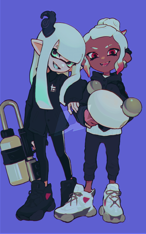 inkling player character, inkling girl, octoling player character, and octoling girl (splatoon) drawn by imaikuy0