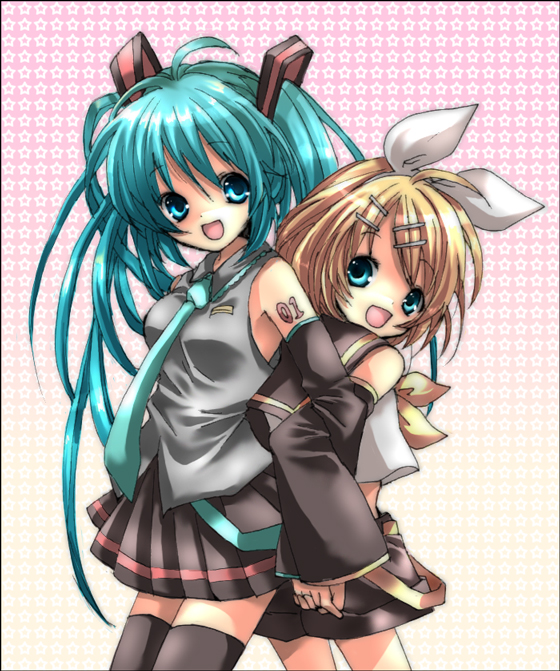 hatsune miku and kagamine rin (vocaloid) drawn by kosuzume