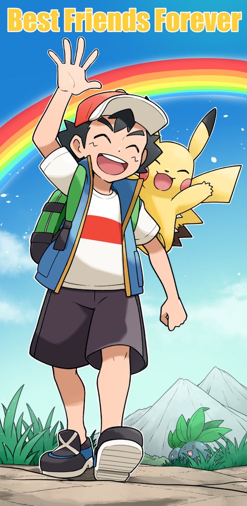 pikachu, ash ketchum, and oddish (pokemon and 1 more) drawn by mabu_(dorisuto)