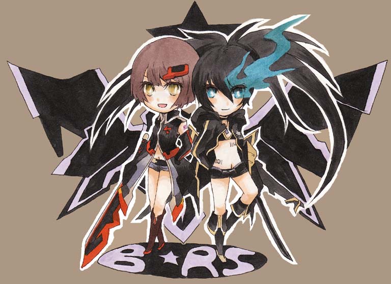 black rock shooter, stella, and nana (black rock shooter) drawn by aratak