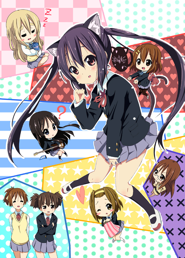 akiyama mio, nakano azusa, hirasawa yui, tainaka ritsu, kotobuki tsumugi, and 3 more (k-on!) drawn by kurou_(quadruple_zero)