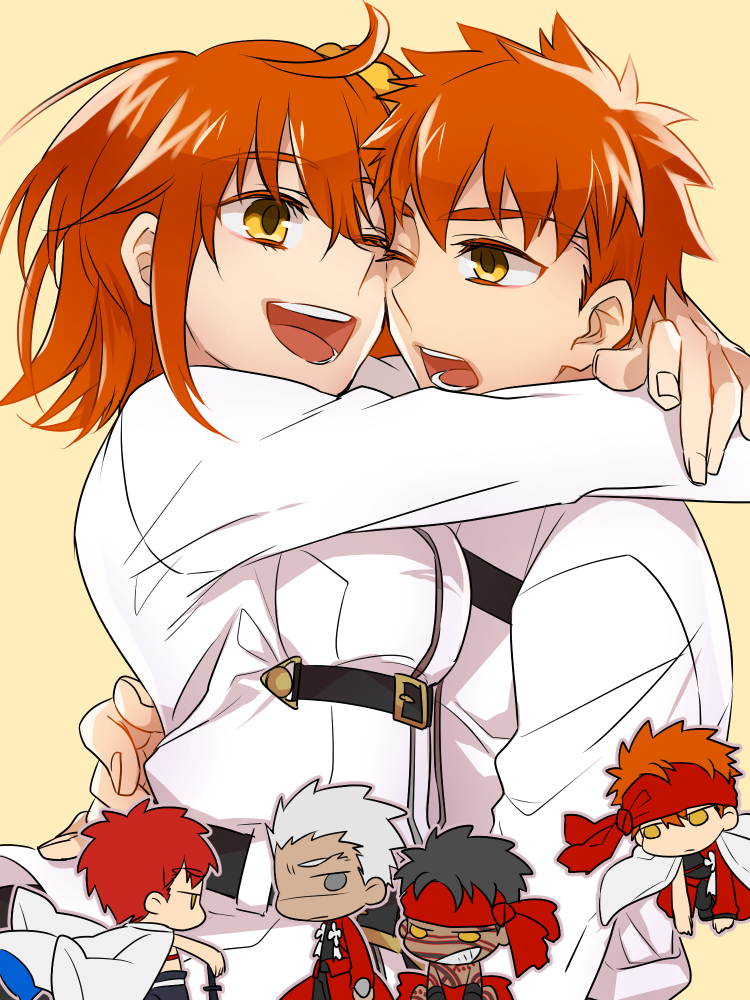 fujimaru ritsuka, emiya shirou, archer, senji muramasa, and angra mainyu (fate and 4 more) drawn by otama_(atama_ohanabatake)