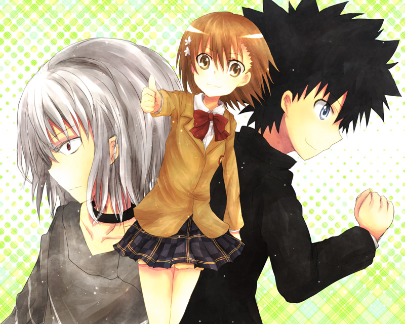 misaka mikoto, kamijou touma, and accelerator (toaru majutsu no index) drawn by kazahana_yuu