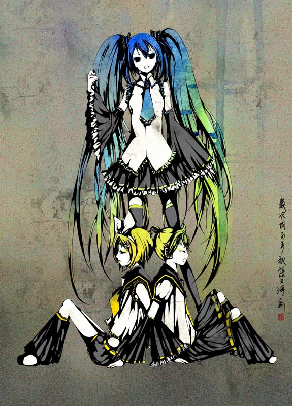 hatsune miku, kagamine rin, and kagamine len (vocaloid) drawn by katari_biumi