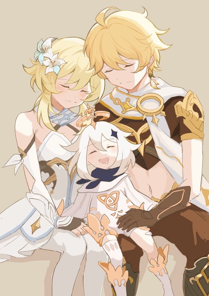 lumine, aether, and paimon (genshin impact) drawn by touchika
