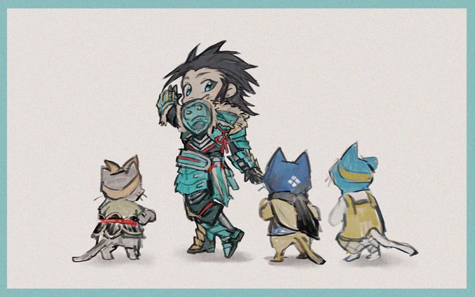 zack fair, player palico, and tea shop felyne (final fantasy and 4 more) drawn by ivy60530