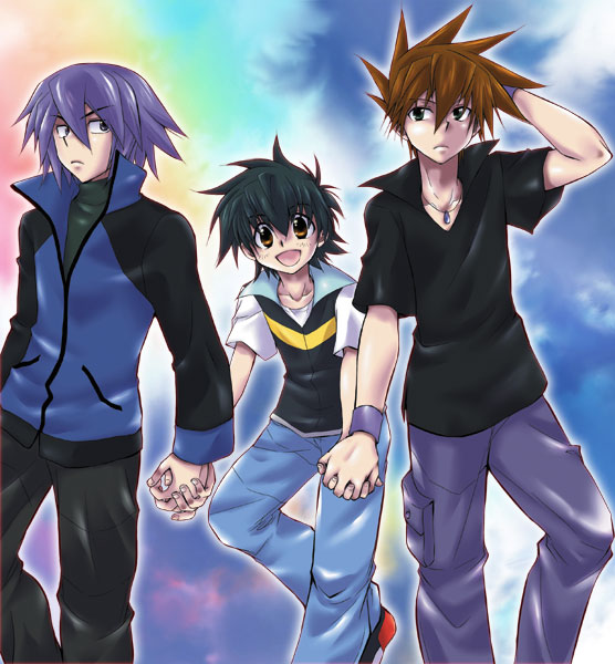 ash ketchum, gary oak, and paul (pokemon and 1 more) drawn by hibaring
