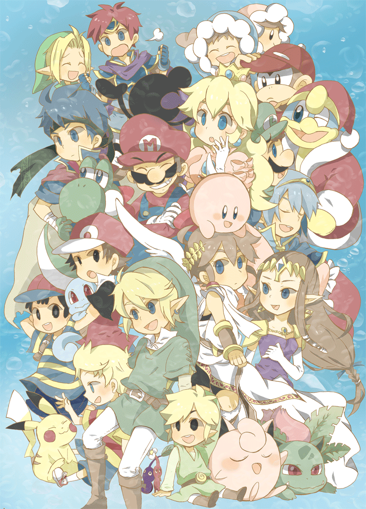 link, pikachu, princess zelda, kirby, princess peach, and 20 more (pokemon and 19 more) drawn by popupopo