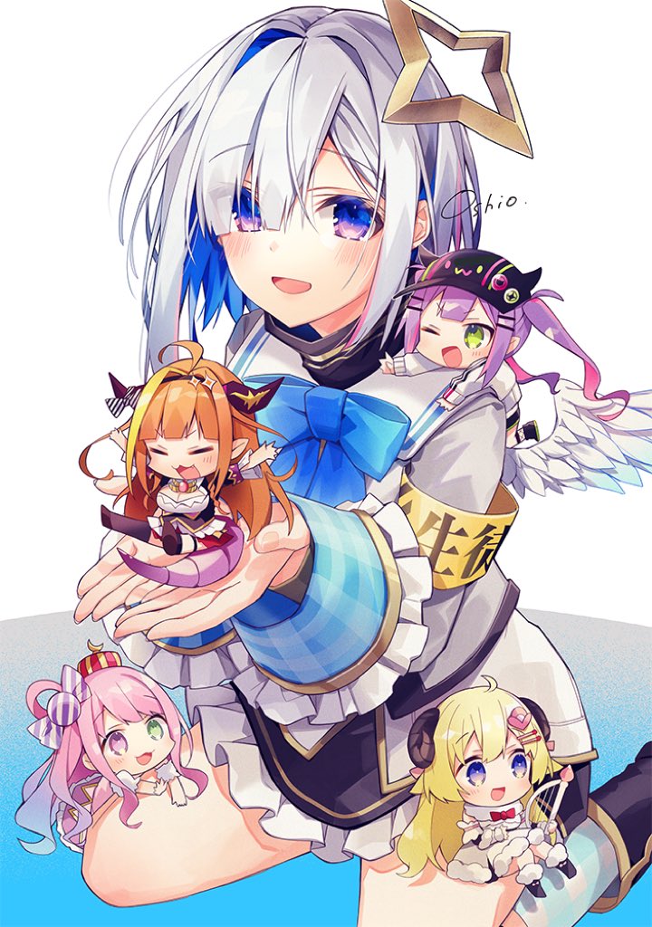 tokoyami towa, amane kanata, kiryu coco, tsunomaki watame, himemori luna, and 1 more (hololive) drawn by oshioshio