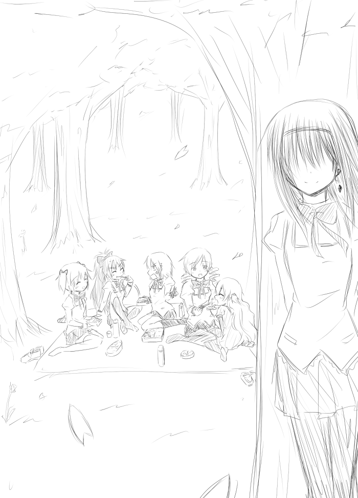 akemi homura, kaname madoka, miki sayaka, sakura kyoko, tomoe mami, and 1 more (mahou shoujo madoka magica and 1 more) drawn by sakusyaretsuden
