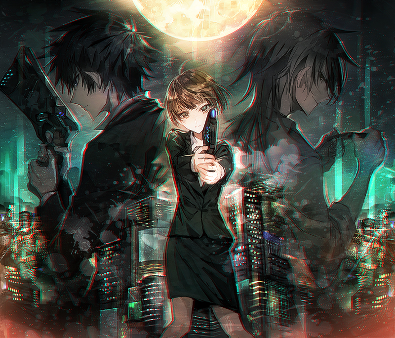 tsunemori akane, kougami shin'ya, and makishima shougo (psycho-pass) drawn by mura_karuki