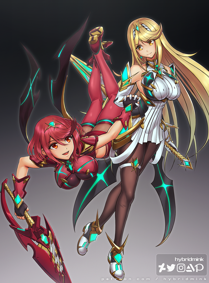 pyra and mythra (xenoblade chronicles and 2 more) drawn by hybridmink