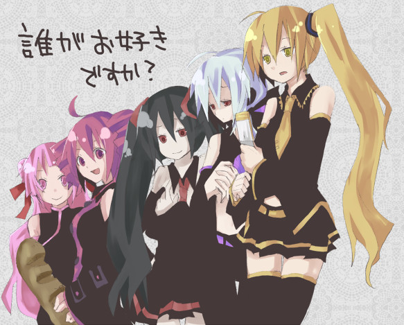 kasane teto, yowane haku, akita neru, zatsune miku, and tonarine sai (vocaloid and 1 more) drawn by kosui_(artist)