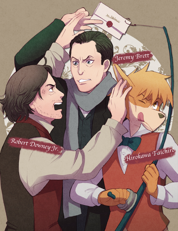 sherlock holmes, robert downey jr., jeremy brett, and hirokawa taichirou (real life and 3 more) drawn by akayama_takana