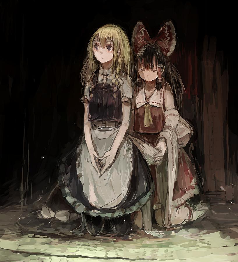 hakurei reimu and kirisame marisa (touhou) drawn by ashiyama_yoshinori