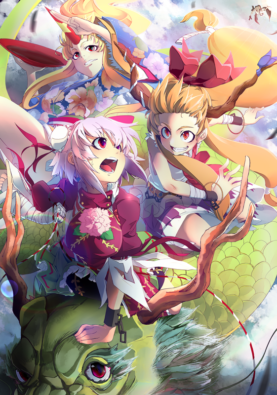 shameimaru aya, ibuki suika, hoshiguma yuugi, ibaraki kasen, and koutei (touhou) drawn by hidori_(hibi_toridori)