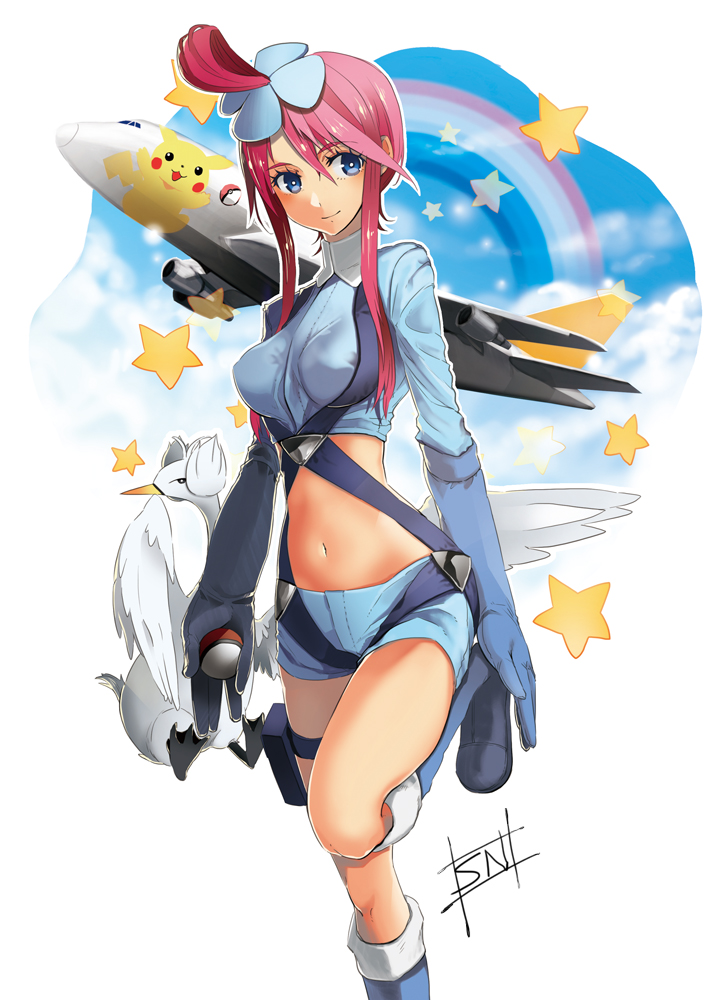 pikachu, skyla, and swanna (pokemon and 1 more) drawn by sarusaru_naoto