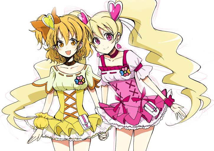 momozono love, cure peach, yamabuki inori, and cure pine (precure and 1 more) drawn by shijima_(agkm)