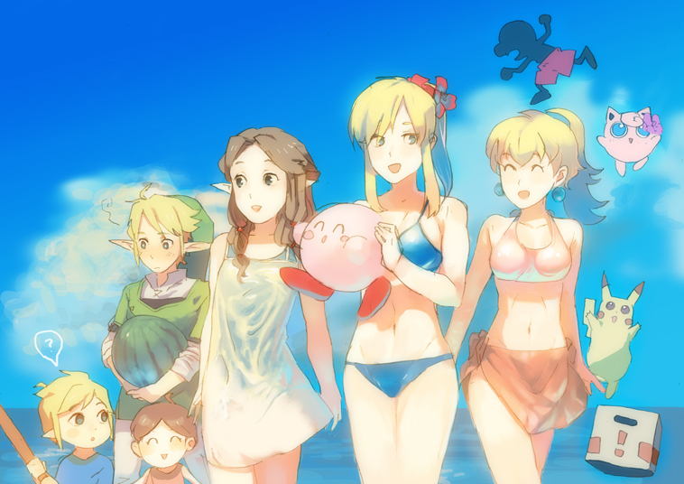 link, pikachu, princess zelda, kirby, princess peach, and 5 more (pokemon and 9 more) drawn by uichi