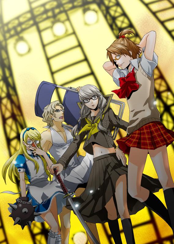 narukami yu, alice, hanamura yousuke, tatsumi kanji, and kuma (persona and 2 more) drawn by arikawa_kinu