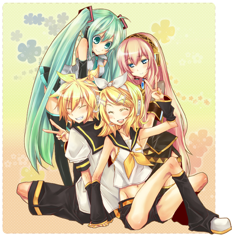 hatsune miku, kagamine rin, kagamine len, and megurine luka (vocaloid) drawn by mikipa
