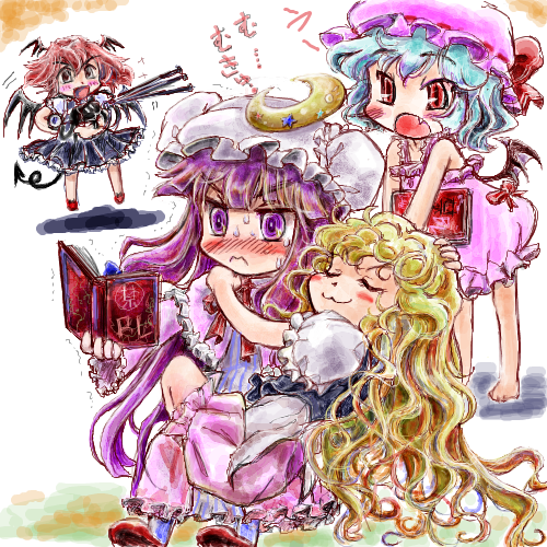 kirisame marisa, remilia scarlet, patchouli knowledge, and koakuma (touhou) drawn by nanashii_(soregasisan)
