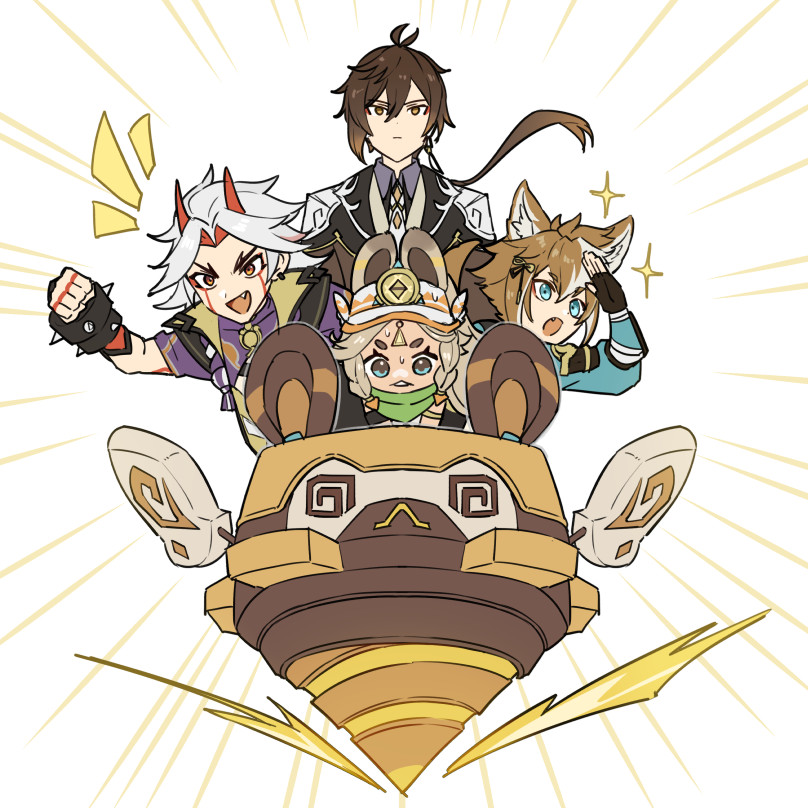 zhongli, arataki itto, gorou, and kachina (genshin impact) drawn by shimanaka_(shimanaka_sushi)