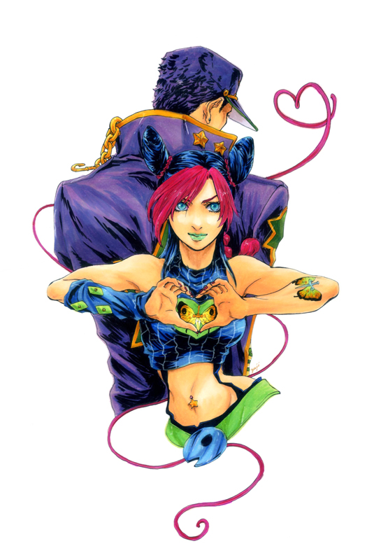kujo jotaro and kujo jolyne (jojo no kimyou na bouken and 1 more) drawn by yaji
