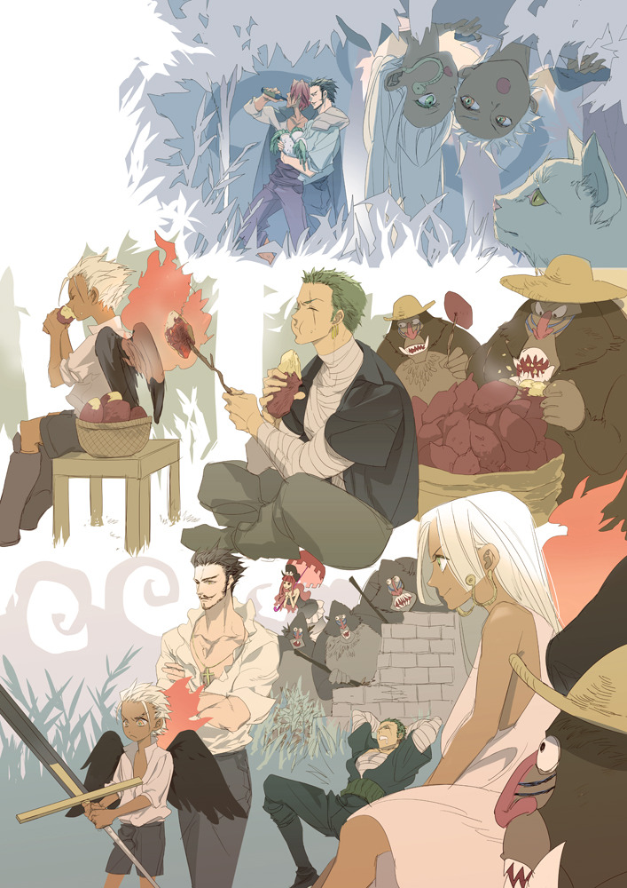 roronoa zoro, perona, shanks, dracule mihawk, s-snake, and 1 more (one piece) drawn by qkix