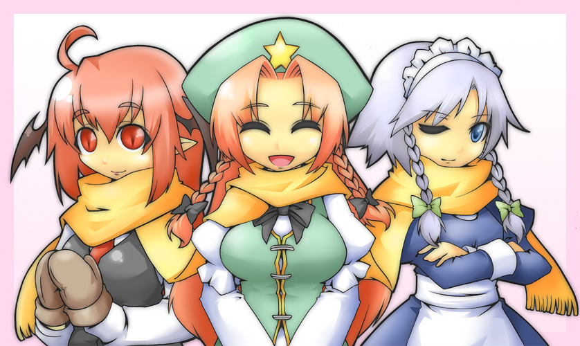 izayoi sakuya, hong meiling, and koakuma (touhou) drawn by ekus_(xo_ekus)