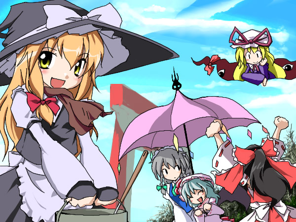hakurei reimu, kirisame marisa, remilia scarlet, izayoi sakuya, and yakumo yukari (touhou) drawn by neki-t