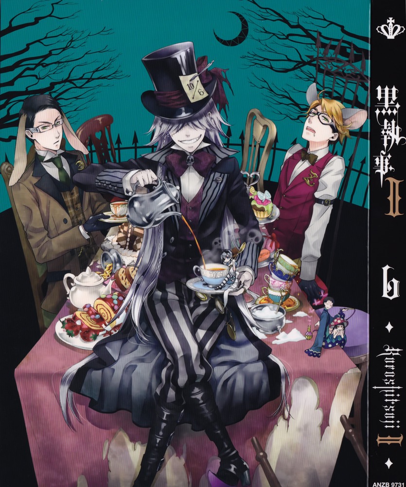 ciel phantomhive, undertaker, ranmao, lau, william t spears, and 1 more (alice's adventures in wonderland and 1 more) drawn by toboso_yana