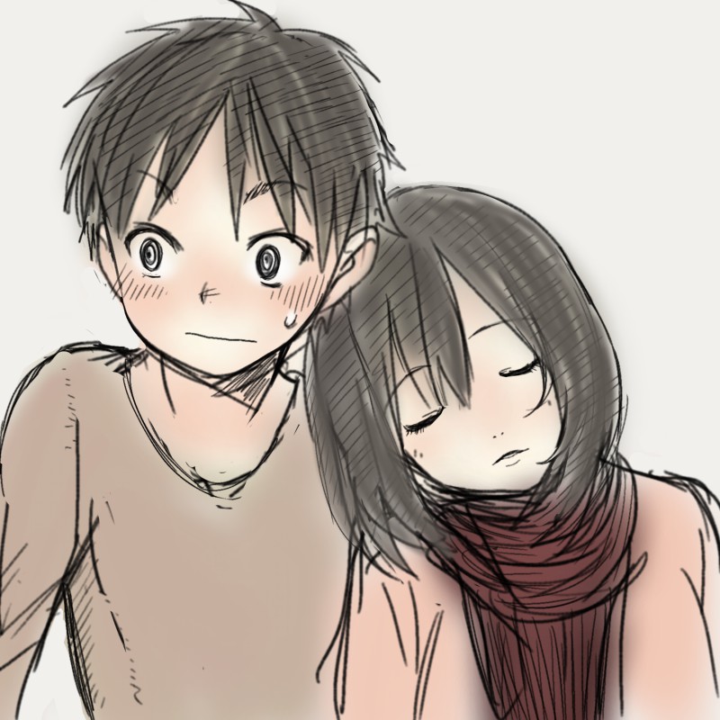 mikasa ackerman and eren yeager (shingeki no kyojin) drawn by gaihan_umeboshi_mitchell