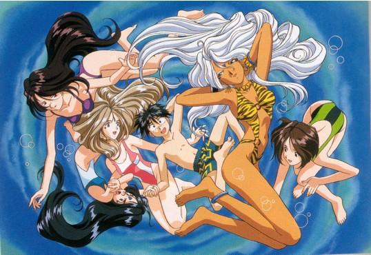 belldandy, urd, skuld, morisato keiichi, morisato megumi, and 1 more (aa megami-sama)