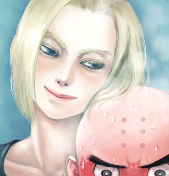 android 18 and kuririn (dragon ball and 1 more) drawn by tsumujin