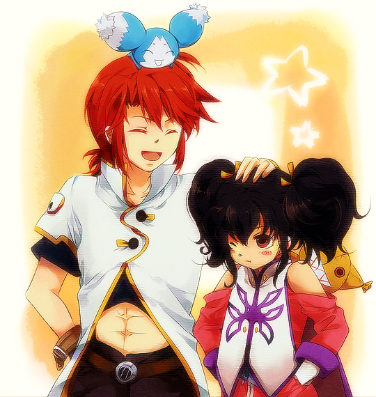 luke fon fabre, anise tatlin, tokunaga, and mieu (tales of and 1 more) drawn by morinaga_(290243)