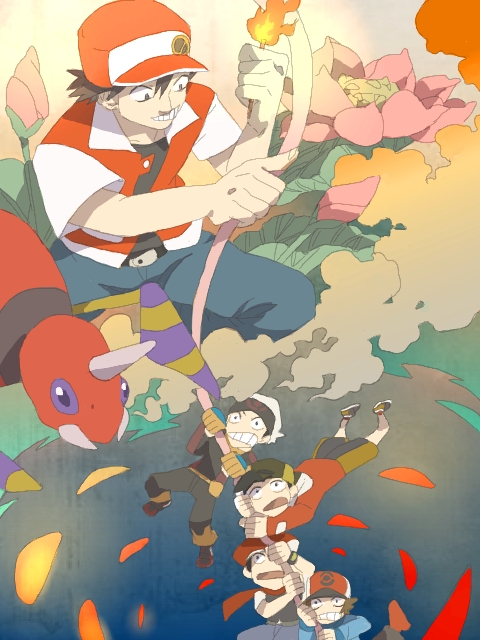 red, ethan, hilbert, brendan, lucas, and 1 more (pokemon and 5 more) drawn by rotasu