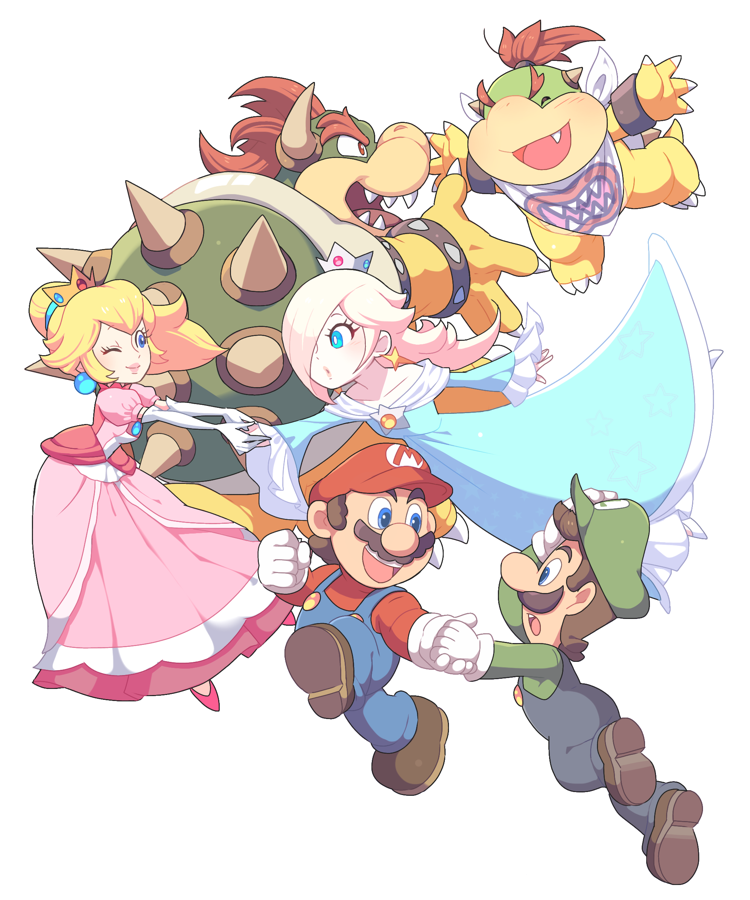 princess peach, mario, rosalina, luigi, bowser, and 1 more (mario) drawn by hoshikuzu_pan