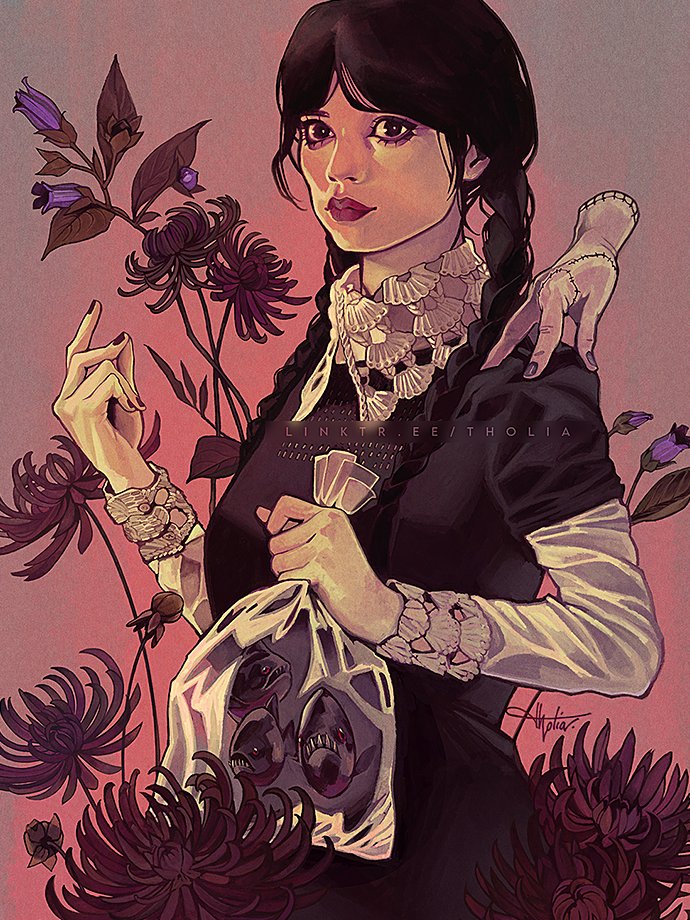 wednesday addams and thing (addams family and 1 more) drawn by tholia_bentz