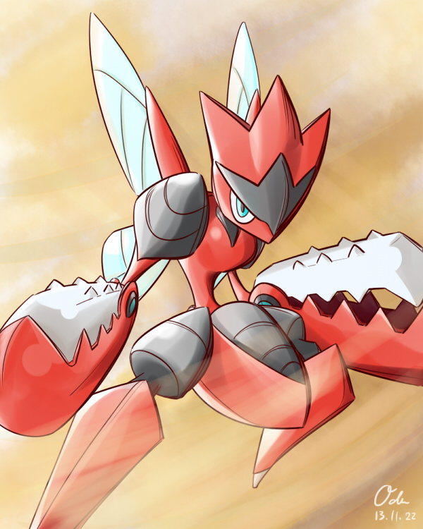 scizor and mega scizor (pokemon) drawn by oden_(madsword)