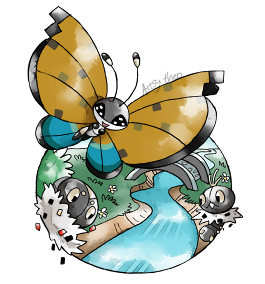 vivillon, spewpa, and scatterbug (pokemon) drawn by artsy-theo