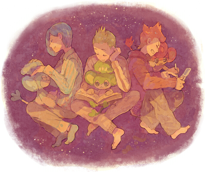 cilan, pansage, panpour, pansear, cress, and 1 more (pokemon and 1 more) drawn by pon_(cielo)